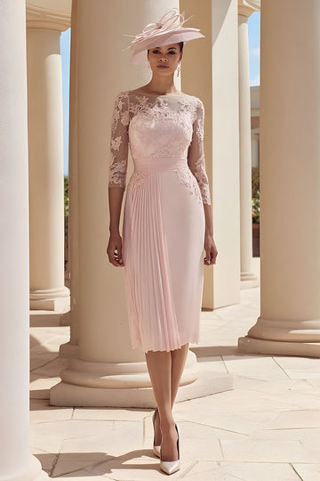 Fard à joues rose mousseline de soie illusion col bateau plissé midi mère de la mariée robe avec dentelle